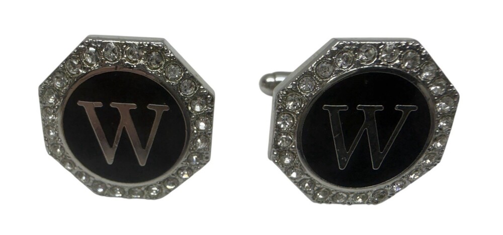 Vintage W Initial Cufflinks Rhinestone Black Silver Tone Monogram Made Korea